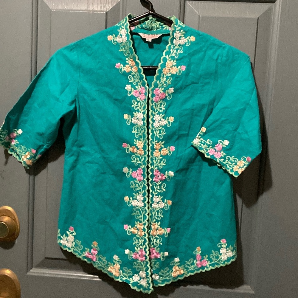 Green and Pink Blouse with Embroidered Details and 3/4 Sleeves